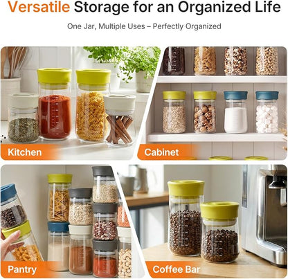 Airtight Glass Jar with Rotary Lid, 27oz Borosilicate Food Storage Jar with Measurement Marks, Wide Mouth Pantry Canister for Coffee Beans, Oats, Rice, Sugar, Snack, Sourdough Starter, Flour