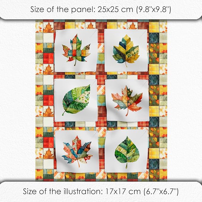 Autumn Leaf Patchwork Cotton Fabric Panel – 6 Designs (10×10 inch Each) + Bonus Sheet 29.5×19.6 inch, 100% Cotton 140 GSM, Made in Türkiye