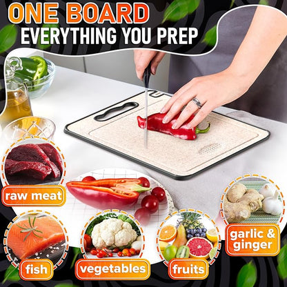 Titanium Cutting Board with Knife Sharpener 14.3"x9.8" – Double Sided GR1 Titanium Cutting Boards for Meat, with Wheat Straw + PP Side for Fruits – Built-in Handle, Garlic Grater & Juice Grooves