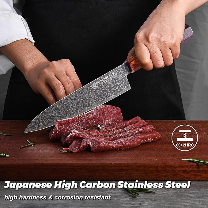 Damascus Chef Knife, 8 Inch 67-Layer Japanese Kitchen Knives Sharp High Carbon Stainless Steel with Ergonomic Pakkawood Handles, Elegant Gift Box Packaging for Home and Kitchen Birthday Dad Mom Gift