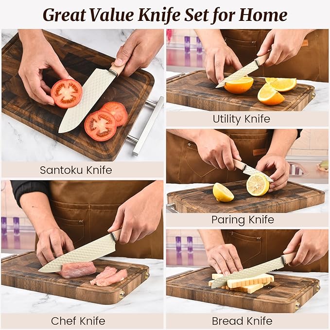 Knife Block Set, 12 Pieces Kitchen Knife Set with In-drawer Knife Block, Stainless Steel Knife Set with 6PCS Steak Knives, Ultra Sharp Non-stick Coating Chef Knife Set,Drawer Knife Organizer (Khaki)