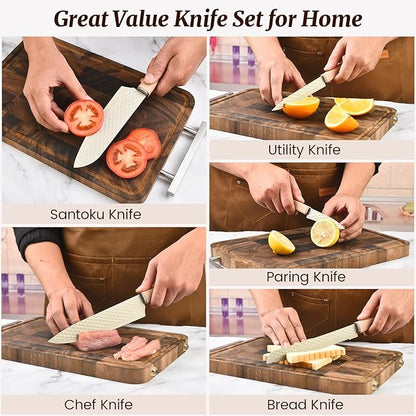Knife Block Set, 12 Pieces Kitchen Knife Set with In-drawer Knife Block, Stainless Steel Knife Set with 6PCS Steak Knives, Ultra Sharp Non-stick Coating Chef Knife Set,Drawer Knife Organizer (Khaki)