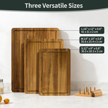 Teak Cutting Board Set for Kitchen, 3 Pack Teak Wood Chopping Boards with Holder & Deep Juice Groove Wooden Hardwood Cutting Board Set for Meat Fish Vegetables Fruits (S, M, L)