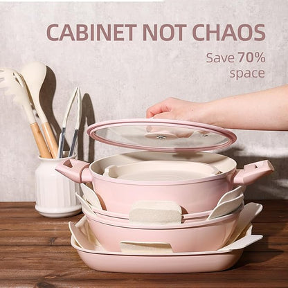 BECIGAR 23pcs Ceramic Pots and Pans Set, Nonstick Detachable Handle Cookware, Induction Kitchen Cooking Set with Removable Handle,include Frying Pans & Saucepans Oven Safe(Pink)