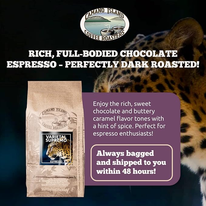 Camano Island Coffee Roasters Varietal Supremo Espresso Blend, Ground 1lb, Fresh Dark Roast, USDA Organic, Fairly Traded, Shade Grown Arabica, Chocolate, Caramel, Hint of Spice Flavor Profile