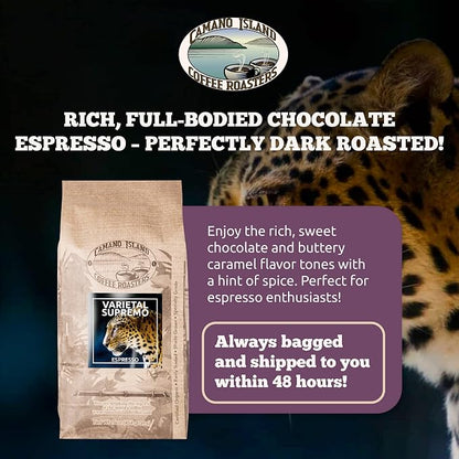 Camano Island Coffee Roasters Varietal Supremo Espresso Blend, Ground 1lb, Fresh Dark Roast, USDA Organic, Fairly Traded, Shade Grown Arabica, Chocolate, Caramel, Hint of Spice Flavor Profile