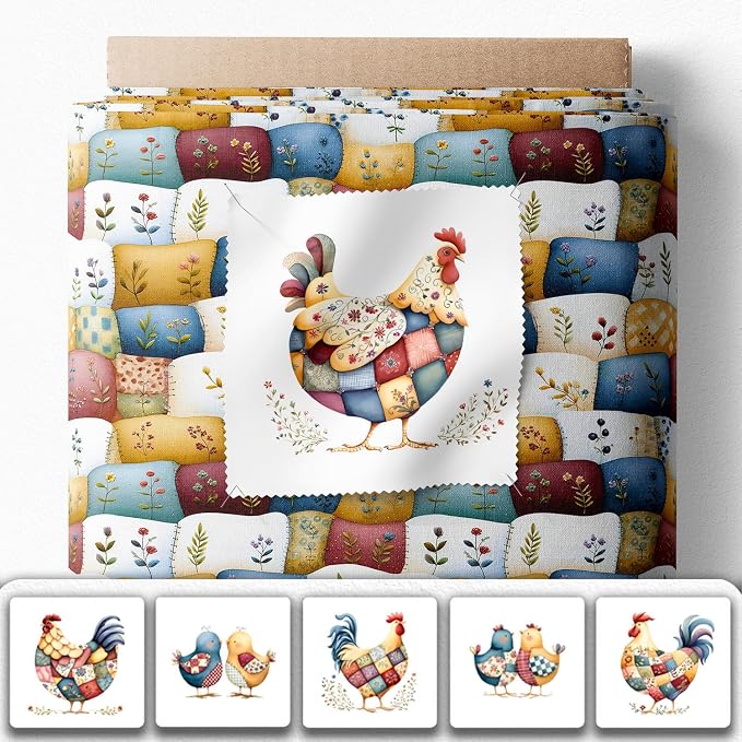 Farmhouse Chicken Patchwork Cotton Fabric Panel – 6 Designs (10×10 inch Each) + Bonus Patchwork Sheet 29.5×19.6 inch, 100% Cotton 140 GSM