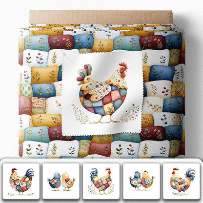 Farmhouse Chicken Patchwork Cotton Fabric Panel – 6 Designs (10×10 inch Each) + Bonus Patchwork Sheet 29.5×19.6 inch, 100% Cotton 140 GSM