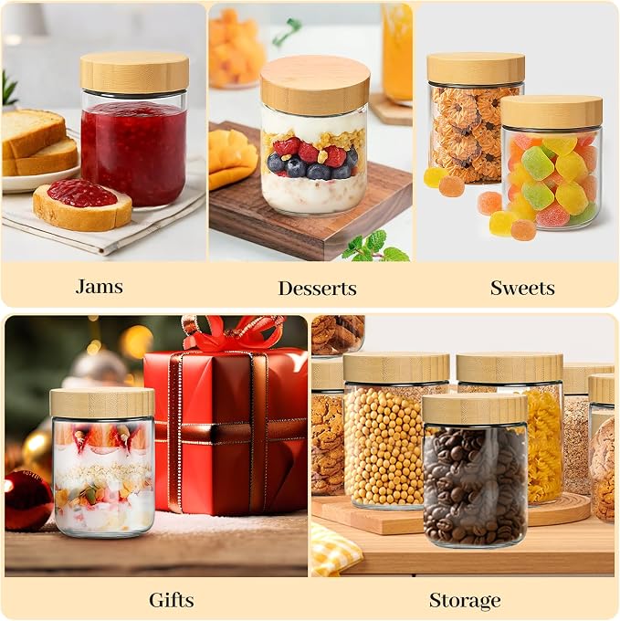 TBWIND 4 Pack 16oz Glass Jars with Bamboo Lids, Spoons, Airtight Overnight Oats Containers, Wide Mouth Mason Jars, Food Storage Container for Yogurt Salad Snacks Spice Sugar Meal Prep – Reusable