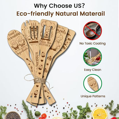 CUTHOLLOW 6PCS Baking Gnome Wooden Kitchen Cooking Utensil Set, 11.9in Non Toxic Bamboo Wood Spoon Set for Cooking, Best Housewarming Birthday Thanksgiving Christmas Gift for Women Mother