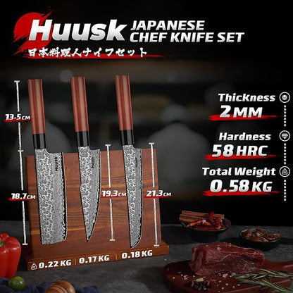 Huusk Japanese Kitchen Knife Set - 3pcs Hand Forged VG10 Damascus Meat Cleaver Boning Knife for Meat Cutting, Nakiri Vegetable Knives, Gyuto Chef Knives Set for Cooking, Fathers' Day Gift for Dad