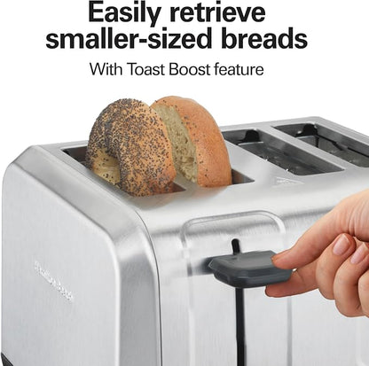 Hamilton Beach 4 Slice Toaster with Extra Wide Slots for Bagels, Shade Selector, Toast Boost, Slide-Out Crumb Tray, Auto-Shutoff and Cancel Button, Brushed Stainless Steel (24910G)