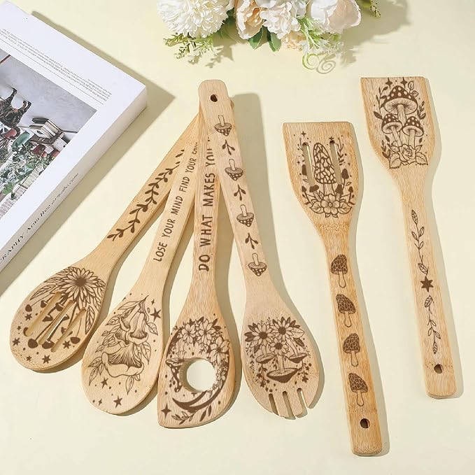 6Pcs 6 Styles Mushroom Cooking Utensils Bamboo Kitchen Spoons 2.4 x 11.8 Inch Moon Star Flower Durable Wooden Spoon Set for Men Women Housewarming Birthday Decor Gift Apartment Essential