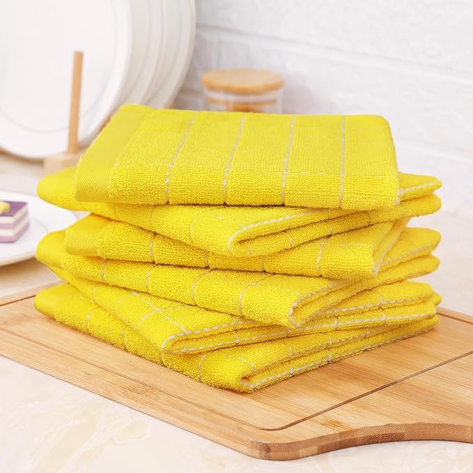 Homaxy 100% Cotton Terry Kitchen Towels(Yellow, 13 x 28 inches), Checkered Designed, Soft and Super Absorbent Dish Towels, 8 Pack