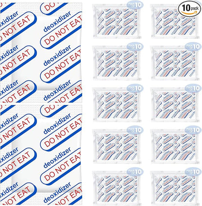 400CC Oxygen Absorbers for Long Term Food Storage, 100 Count (10 Packs of 10) - Food Grade for Mylar Bags, Airtight Containers, Freeze Dryer & Dehydrator, White