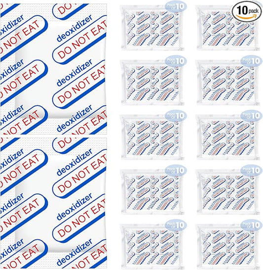 400CC Oxygen Absorbers for Long Term Food Storage, 100 Count (10 Packs of 10) - Food Grade for Mylar Bags, Airtight Containers, Freeze Dryer & Dehydrator, White