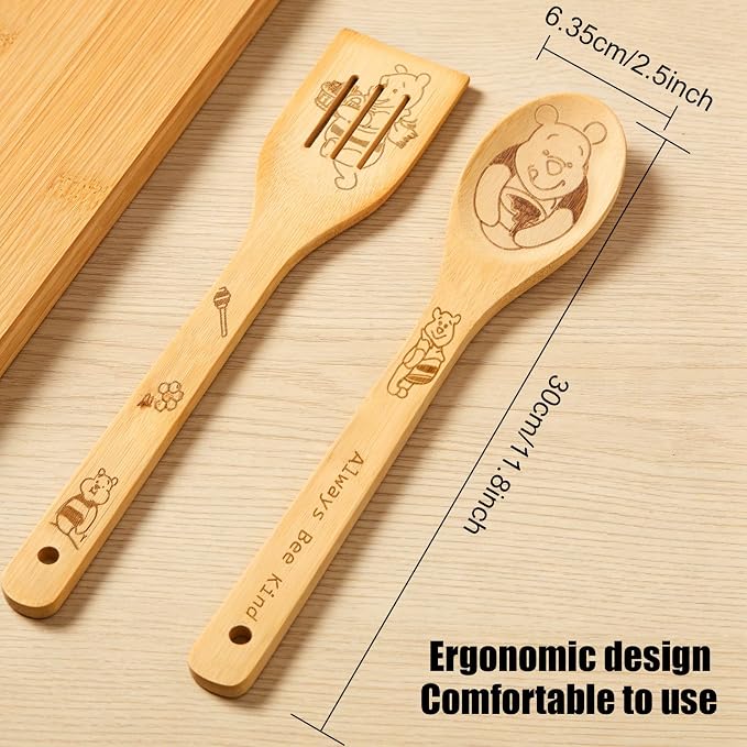 Bear Gifts for Women 5 PCS Cartoon Wooden Spoons for Cooking Bear Kitchen Accessories Cute Bee Spatula for Pooh Kitchen Decor Engraved Spoon Kitchen Stuff for Women Birthday Gifts