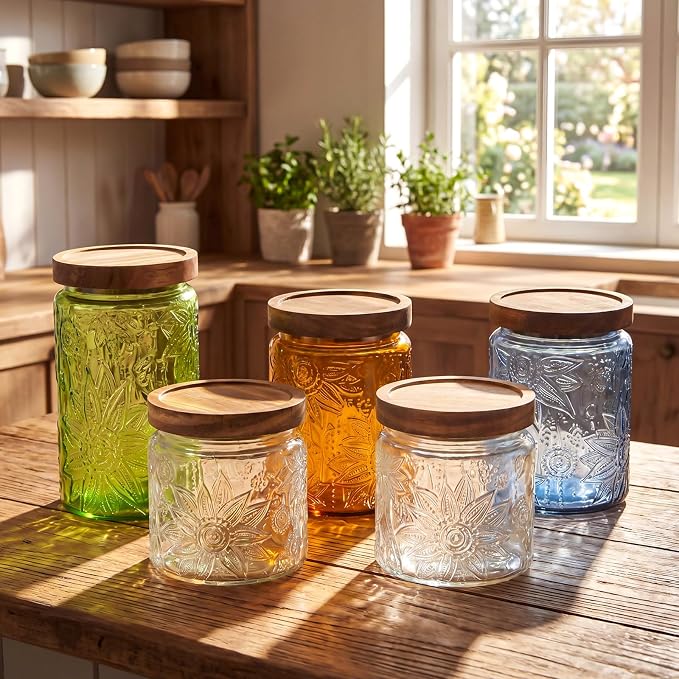 Gerrii Multicolor Sunflower Round 5 Pcs Vintage Glass Food Storage Containers 17/24/34 oz Glass Jar with Lid Airtight Candy Food Canisters for Kitchen Counter Pantry Coffee Beans
