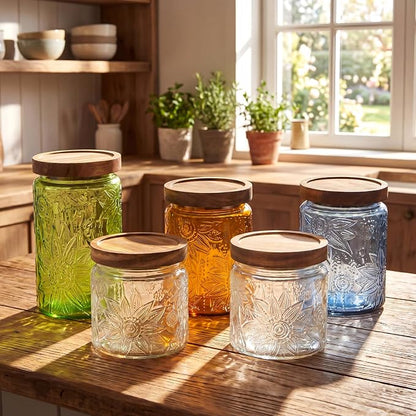Gerrii Multicolor Sunflower Round 5 Pcs Vintage Glass Food Storage Containers 17/24/34 oz Glass Jar with Lid Airtight Candy Food Canisters for Kitchen Counter Pantry Coffee Beans