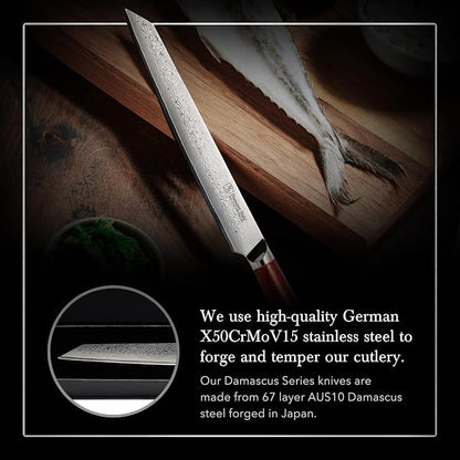 Hammer Stahl 10 Inch Damascus Slicer | Meat Cutting & BBQ Knife With Rosewood Handle | Carving Japanese Forged 67-Layer AUS10 Steel | Full-Tang Japanese Style Slicing With Gift Box