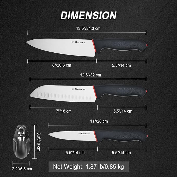 5-Piece Professional Kitchen Knife Set - 8" Chef, 7" Santoku, 5.5" Utility Knives, In-Drawer Knife Storage & Sharpener - Non-Slip Softgrip Handle for Home Kitchen