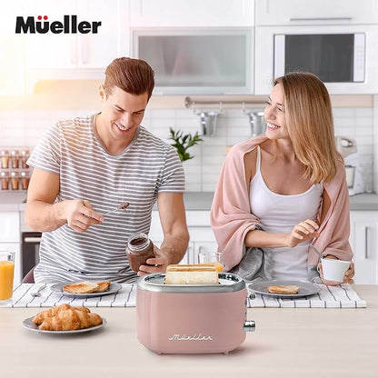 MUELLER HOME Retro Toaster 2 Slice, 7 Browning Levels, 3 Functions (Reheat, Defrost, Cancel), Stainless Steel Features, Removable Crumb Tray, Under Base Cord Storage, Pink Kitchen Accessories Décor
