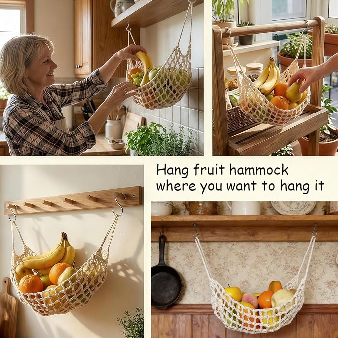 2 Pack Macrame Woven Hanging Fruit Hammock,13×16in Premium Cotton Fruit Basket with 8 Hooks Under Cabinet Hanging Storage Net for Fruit Veggie Kitchen Home Boat RV (Beige)