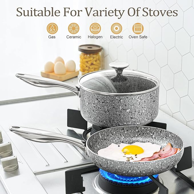 MICHELANGELO Stone Cookware Set 10 Piece, Ultra Nonstick Pots and Pans Set with Stone-Derived Coating, Kitchen Cookware Sets, Stone Cookware Sets, Granite Pots and Pans - 10 Piece