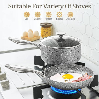 MICHELANGELO Stone Cookware Set 10 Piece, Ultra Nonstick Pots and Pans Set with Stone-Derived Coating, Kitchen Cookware Sets, Stone Cookware Sets, Granite Pots and Pans - 10 Piece