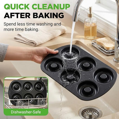 NutriChef Donut Mold | Nonstick Carbon Steel Donut Pan for Baking | 6-Cavity Tray with Bagel Mold Design | Oven Safe up to 450°F | Stainless Steel 12.5 x 8.5 Inch Bakeware | Black