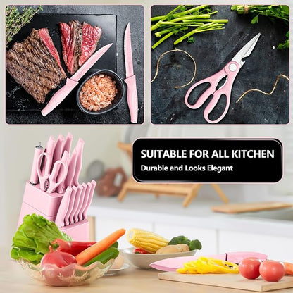 E-far Knife Set with Block, 15 Pieces Kitchen Knife Block Set with Sharpener, High Carbon Stainless Steel Sharp Chef Knife Set with Ergonomic Handles, Anti Rust, Pink