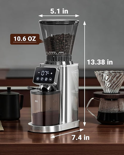 AMZCHEF Coffee Grinder, Coffee Bean Grinder for Home Use with Precise Grinding, LED Control Panel, Detachable Funnel Stand, Anti-static Design, 48 Grind Settings, Silver