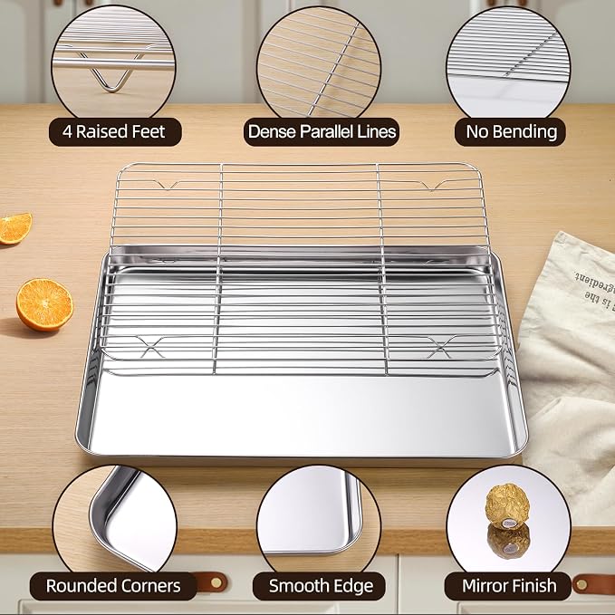 Amrules Baking Sheet with Cooling Rack Set of 6, 3 Premium Stainless Steel Cookie Sheets and 3 Wire Racks, Kitchen Nonstick Baking Pans Set Includes 3 Different Sizes, Heavy Duty Non Toxic