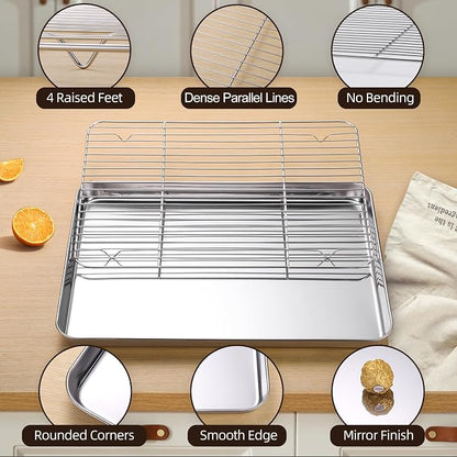 Amrules Baking Sheet with Cooling Rack Set of 6, 3 Premium Stainless Steel Cookie Sheets and 3 Wire Racks, Kitchen Nonstick Baking Pans Set Includes 3 Different Sizes, Heavy Duty Non Toxic