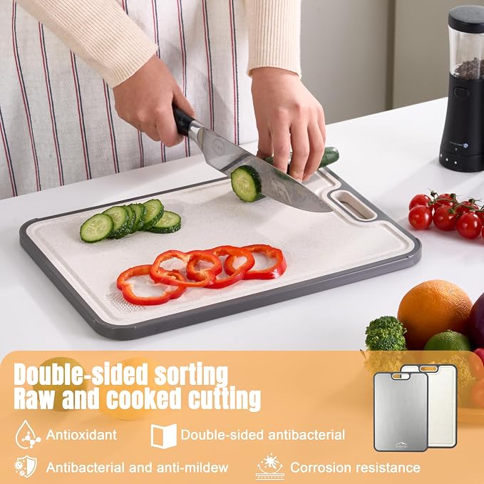 Dual-Sided Titanium Cutting Board with Wheat Straw PP Side for Kitchen, Medium Compact Non-Slip Chopping Board 15.2 x 10.5 inch