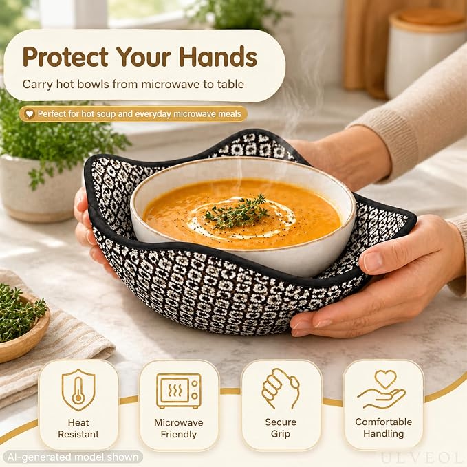 Set of 2 Microwave Bowl 4x7x7 Inch Polyester Cloth Hot Pads with Black and White Color - Holder Microwavable Pot for Food - Ramen Soup or Pot Cozy - Multipurpose Heat Resistant Plate Holders