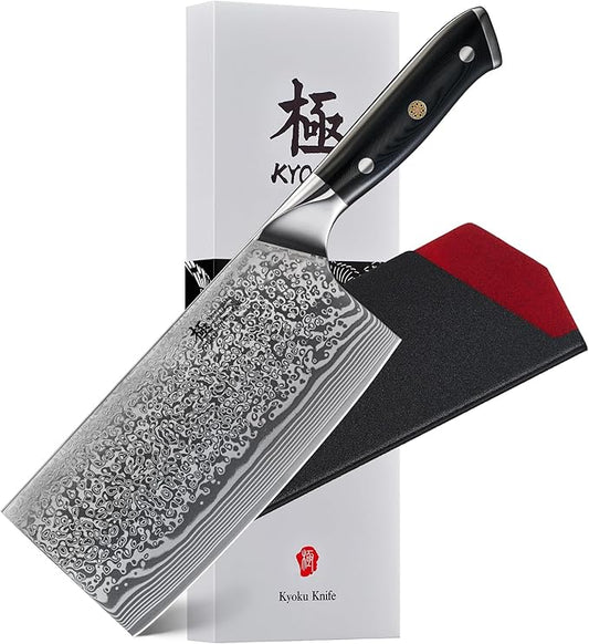 KYOKU Vegetable Cleaver Knife - 7" - Shogun Series - Japanese Style VG10 Steel Core Forged Damascus Blade - with Sheath & Case