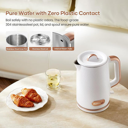 OLEGA Electric Kettle: 1200W Fast Boil Electric Water Kettles, 1.5L Double Wall Stainless Steel Tea Kettle, Auto Shut-Off, BPA-Free Hot Water Boiler Teapot for Coffee & Tea (White)