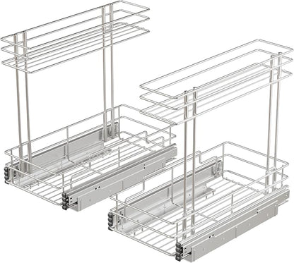 Under Sink Organizer 9" W X17 D, Pull Out Cabinet Organizer 2 Tier, Under Sink Slide Out Chrome Plated, Under Kitchen Bathroom Sink Organizer, Pantry Cabinet Closet Organization Rack, 2 Pack
