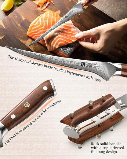 XINZUO 7 Inch Fillet Knife, Damascus Steel with 10Cr15MoV Core, Razor Sharp Boning Knife for Fish, Meat & Seafood, Rosewood Handle