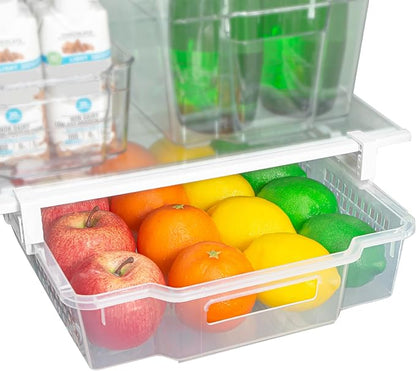 Smart Design Adjustable Pull Out Refrigerator Drawer - Extra Large - BPA Free Plastic - Holds 20 lbs - Extendable Sliding Fridge Bin, Freezer, Pantry Food Holder Storage Organizer - Kitchen - Clear