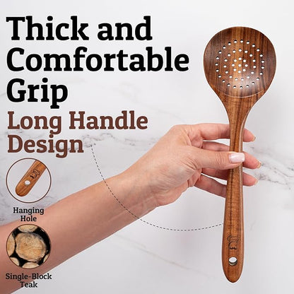 PriorityChef Wooden Slotted Spoon - Premium Teak Cooking Utensil for Frying, Straining & Serving - Long Handle Kitchen Spoon for Nonstick Cookware - Handcrafted Durable Wood