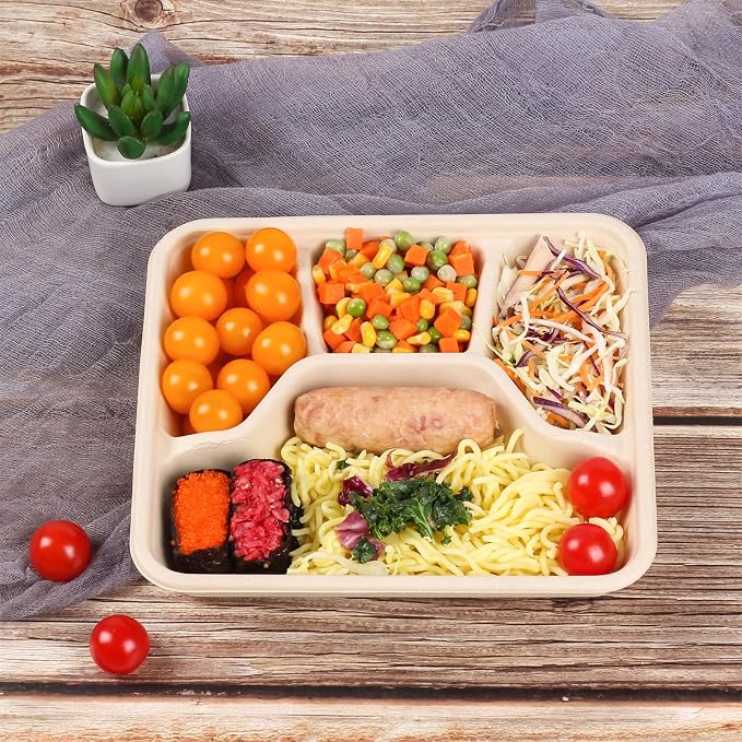 Sugarcane Fiber 37 oz 4 Compartments disposable plates with Lids Bagasse Plant Fibers Freezer Safe 25 Pack