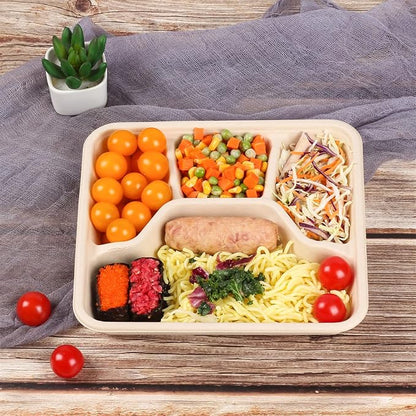 Sugarcane Fiber 37 oz 4 Compartments disposable plates with Lids Bagasse Plant Fibers Freezer Safe 25 Pack