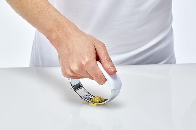 Crisp Garlic Press Rocker - Stainless Steel Garlic Crusher Mincer - Ergonomic Handle Garlic Cloves Grater, Squeezer - Kitchen Gadget Food Grade Chopper, Grinder, Peeler - Easy Clean (White/Purple)