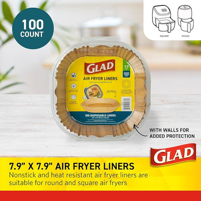 Glad Air Fryer Liners with Raised Walls, Nonstick Parchment, Heat Resistant to 446 Degrees F, Food-Grade, Rounded Square Shape, Fits Square and Round Air Fryers, 7.9", 100 Count