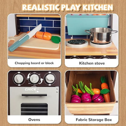 Play Kitchen for Kids, Wooden Kids Play Kitchen Playset Chef Pretend Play Set for Toddlers, Toys Kitchen with 12 Pcs Toy Food & Cookware Accessories