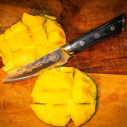 4.5” Professional Paring Knife – Hand Forged Small Kitchen Knife with Dark Wood Handle, Razor Sharp, Full Tang – from British Fusion Atelier KOKORO – A Thoughtful Gift for Cooks and Foodies