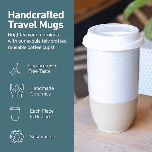 NOVA CERAMICS Travel Mug - Coffee Mug Travel – Microwave & Dishwasher Safe Coffee Clay Tumbler - Gifts For Women Men Him Her – 16oz – Dune