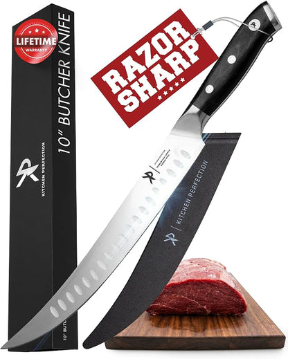 KITCHEN PERFECTION 10” Butcher Knife for Meat Cutting & Trimming-Ultra Sharp Cimeter Breaking Carving Knife with Sheath- Premium German Steel,Full Tang Ergonomic Handle -Perfect Grilling Gifts for Men